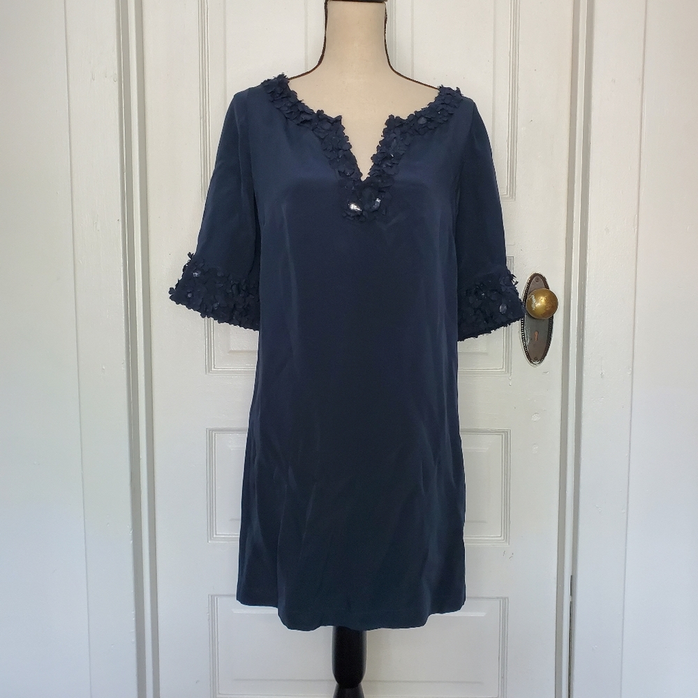 Rebecca Taylor Navy Silk Shift Dress Floral Embellishment